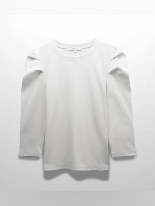 Luxury Ribbed Crew Neck Puff Sleeve Top-White: Medium